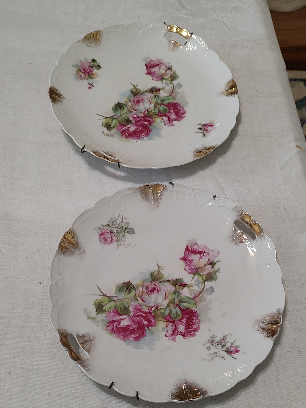 Beautiful White Porcelain Serving Plates with Pink Rose and Gold Trim And hanger